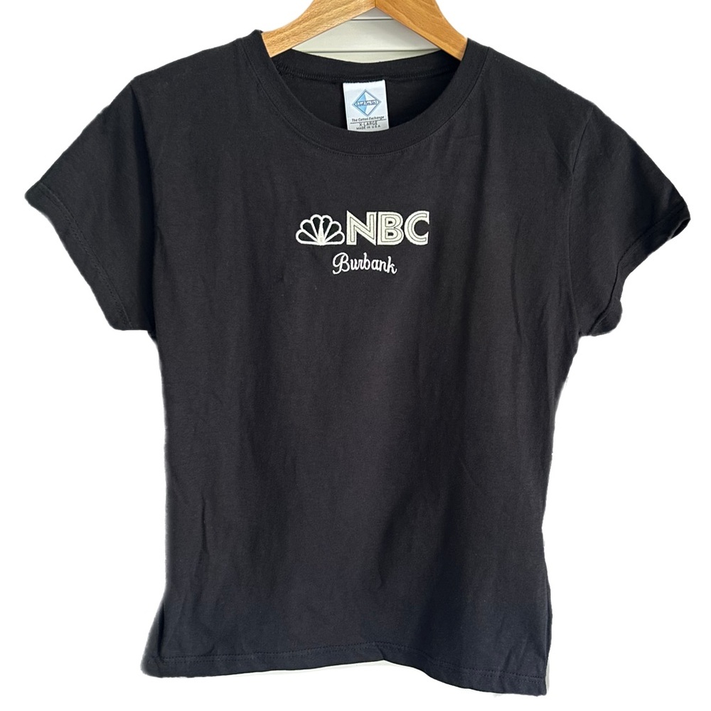 Vintage NBC Burbank Peacock Logo Black T-shirt NEW Old Stock Kids XL Womens XS